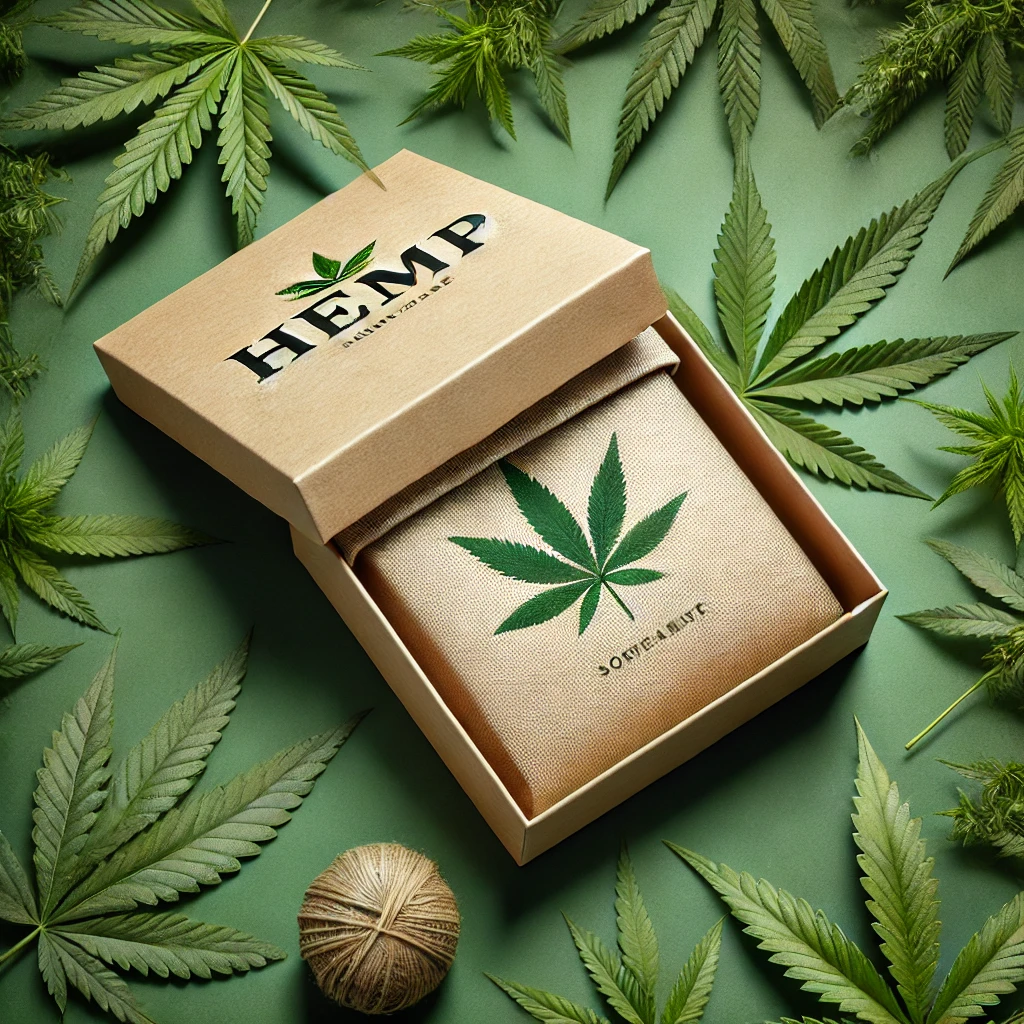 DALL·E 2024 10 15 07.23.27 An eco friendly packaging design made from hemp materials showcasing a minimalist natural aesthetic. The packaging should include a hemp box with a